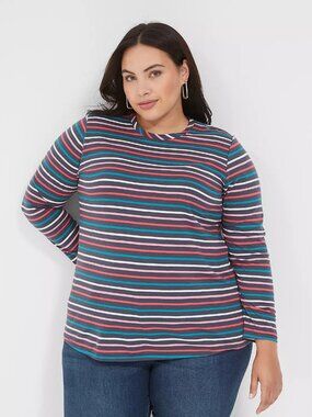 Lane Bryant Multi Navy Stripe Long-Sleeve Crew-Neck Tee in Size 18/20 (2X)